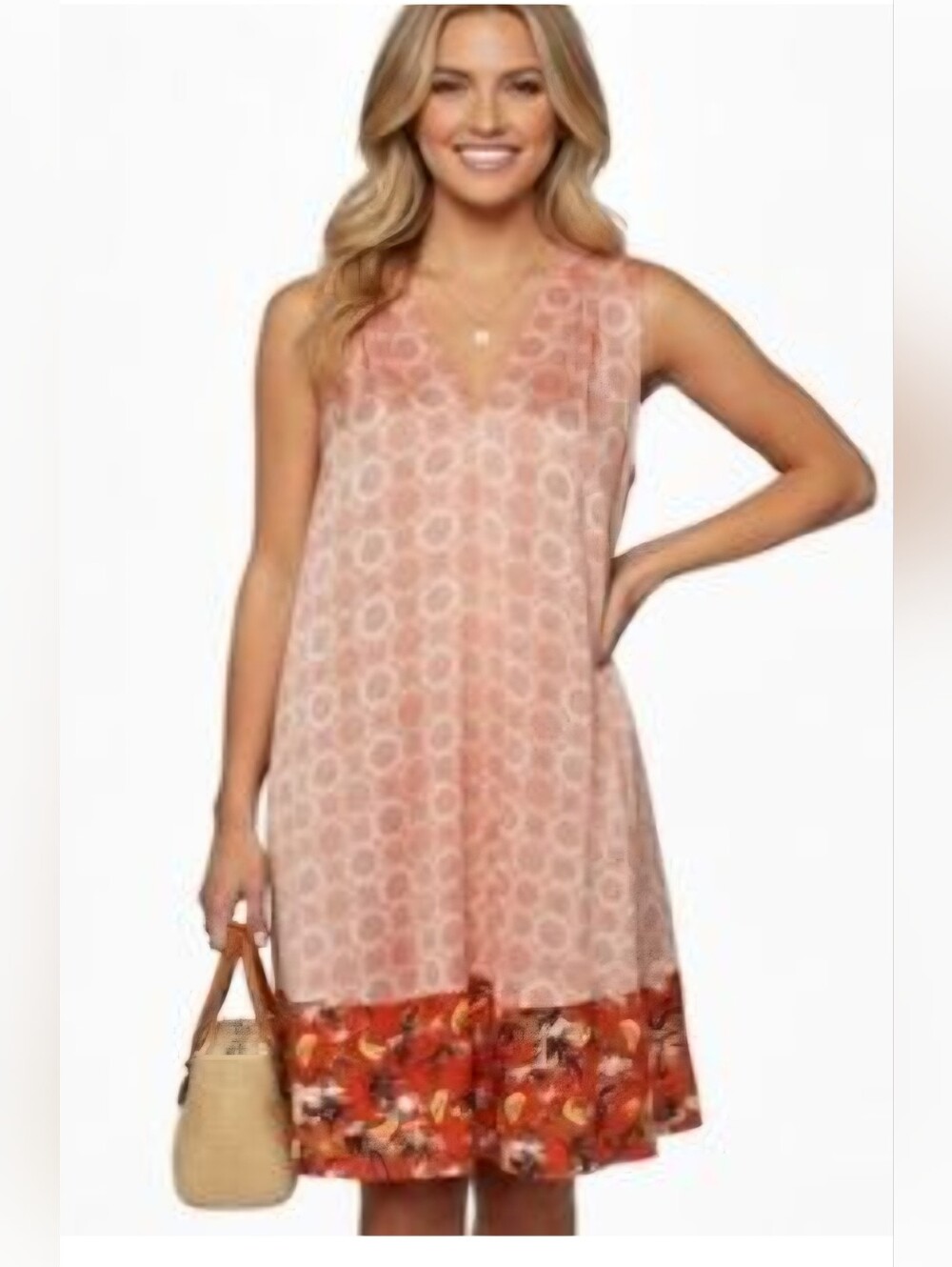 Peter Som Sleeveless Pink Patterned V-Neck Sundress with Floral Hem Size Large